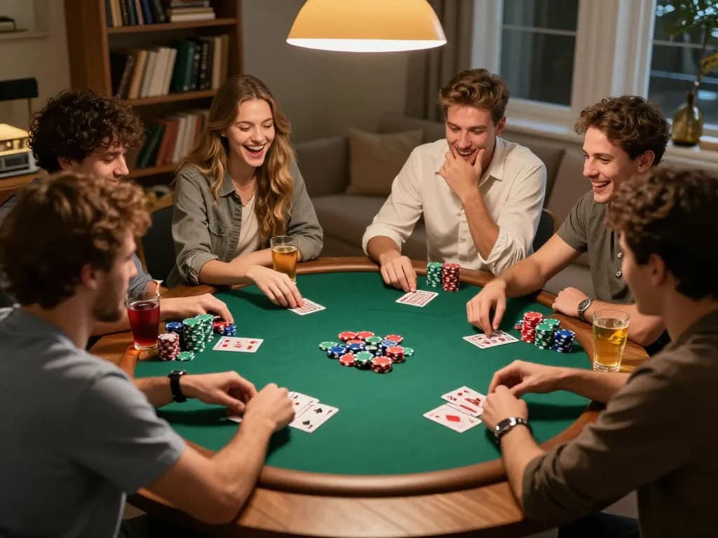Friends enjoying an exciting poker night while playing at home, showcasing 79KING COM excitement and social gaming.