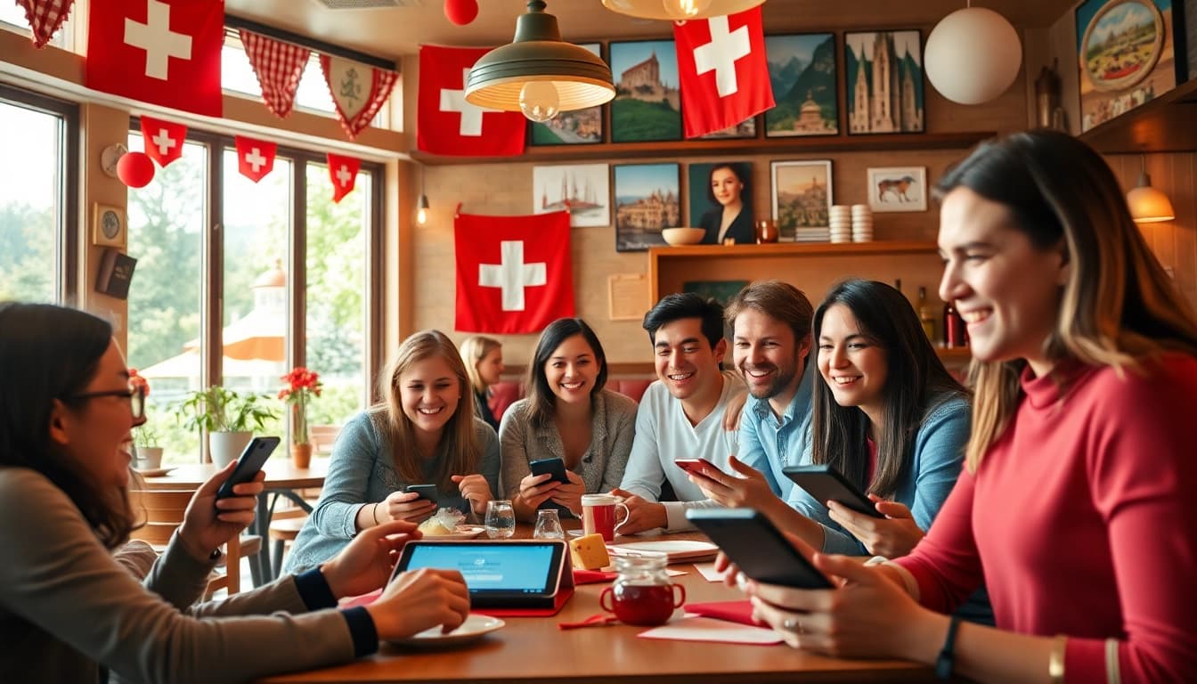 Mitreißende Schweiz-Quiz-Szene in einem lebhaften Café mit diversen Teilnehmenden.
