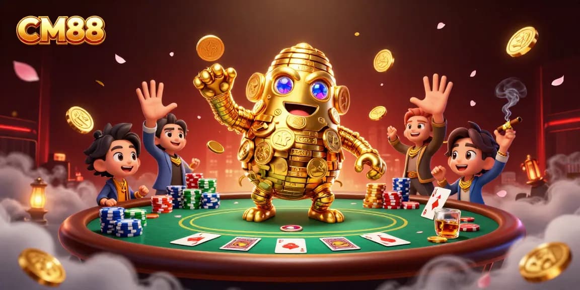 CM88 showcases a dynamic 3D cartoon scene with a golden golem surrounded by poker elements, enhancing online gambling excitement.