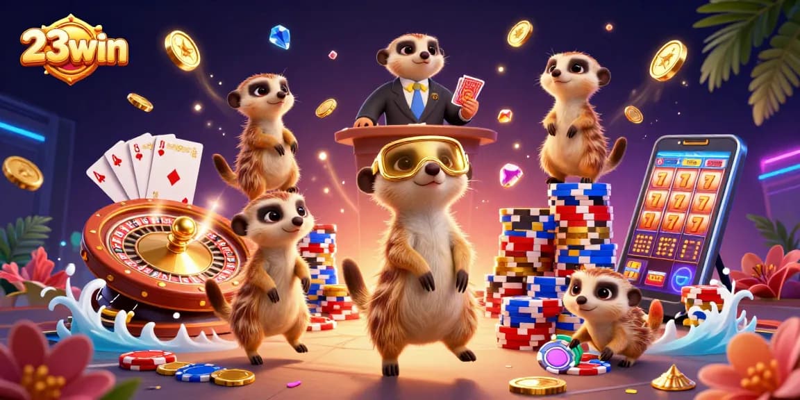 Experience the thrill of 23win with meerkats managing a vibrant casino.