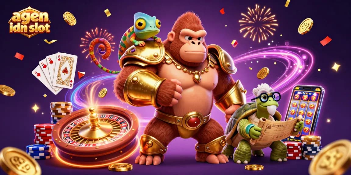 Mainkan agen idn slot dengan gorila raja, chameleon, dan kura-kura di kasino.