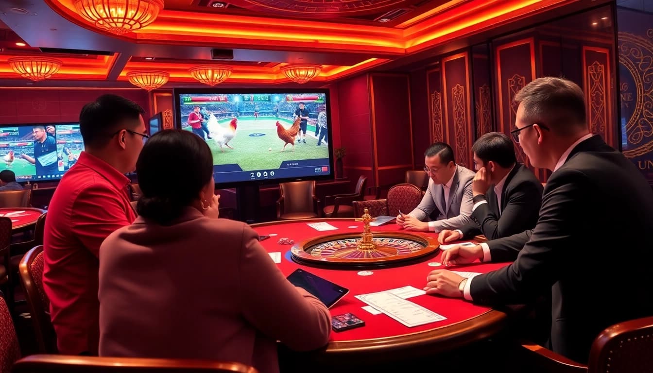 Exciting live betting experience on đá gà trực tiếp, showcasing intense chicken matches at a luxurious casino.