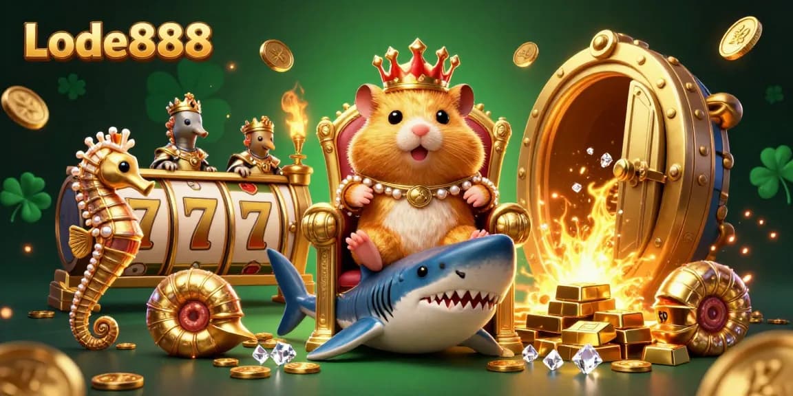 Lode888 features a golden hamster king on a megalodon throne surrounded by slot elements and treasures.