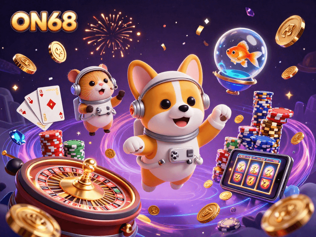Experience the thrilling action of ON68 with a 3D astronaut corgi in casino space adventure.