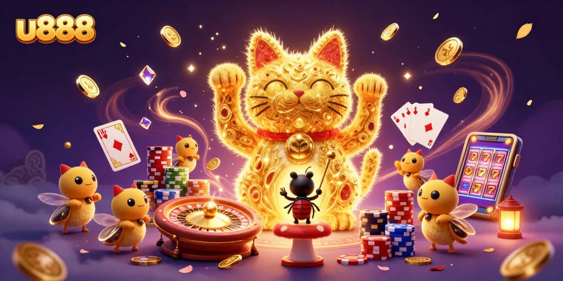 Experience the thrill at u888 with a lively casino scene featuring animated lucky symbols.