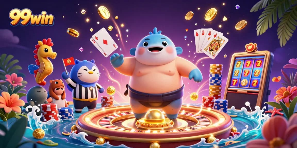 Engage with 99win in a vibrant underwater casino scene featuring a playful fugu and energetic game elements.
