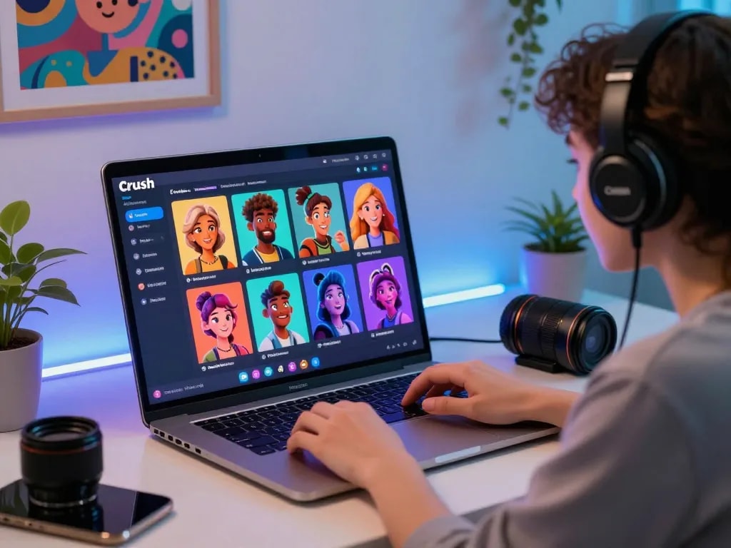 User engaging with Crush on AI platform showcasing vibrant character interactions in a modern workspace.