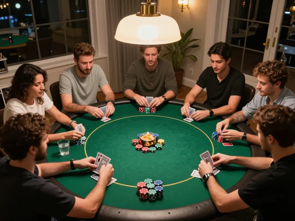 Engaging poker game at home featuring players and vibrant lifestyle elements, showcasing 98wincom gaming experience.