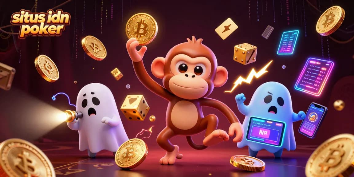 Permainan situs idn poker dengan monyet poltergeist yang menjatuhkan koin emas di kasino berhantu.