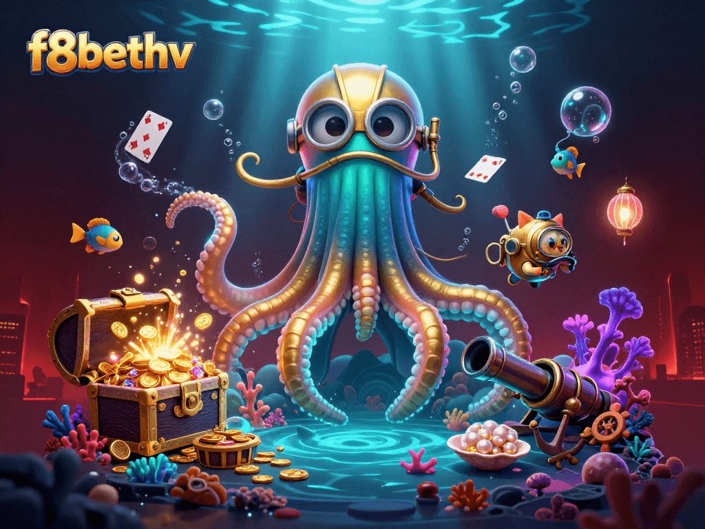 Experience thrilling action at f8bethv with a 3D kraken and diving cat in an underwater casino adventure.