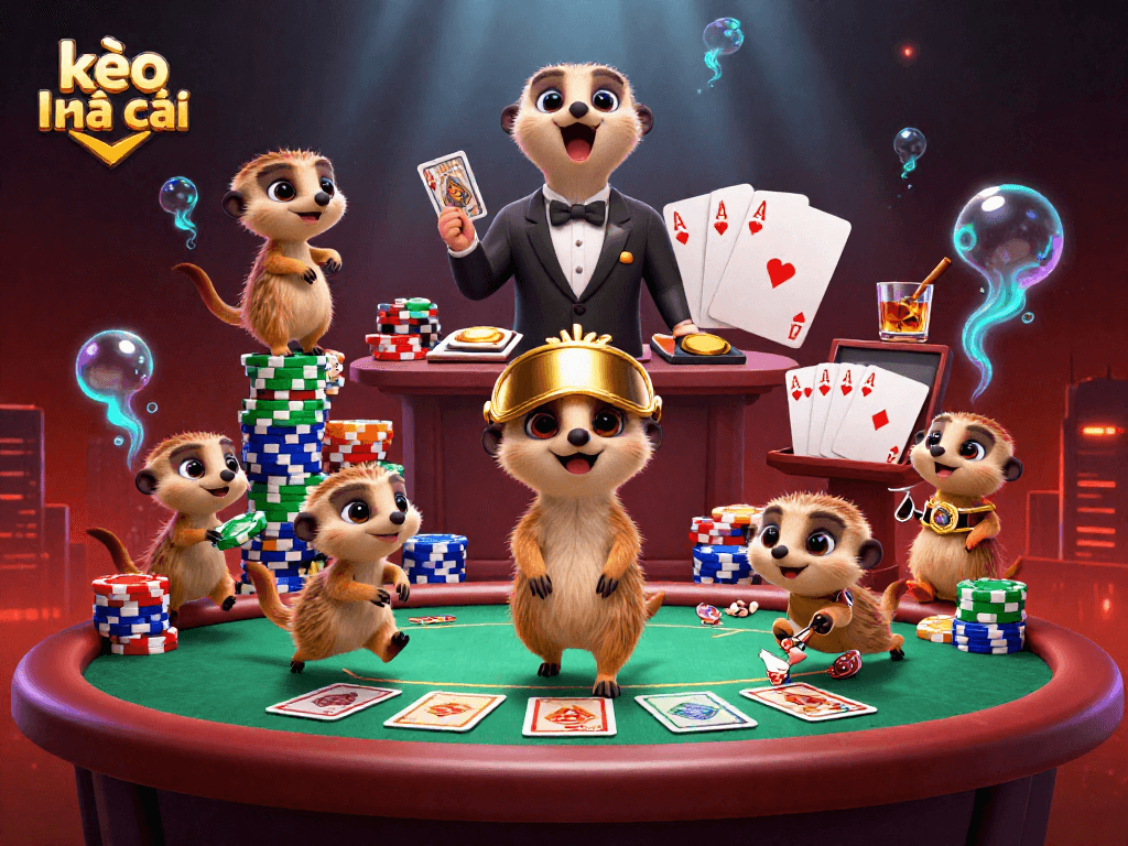 Engaging meerkats orchestrating a lively kèo nhà cái casino scene with vibrant poker elements.