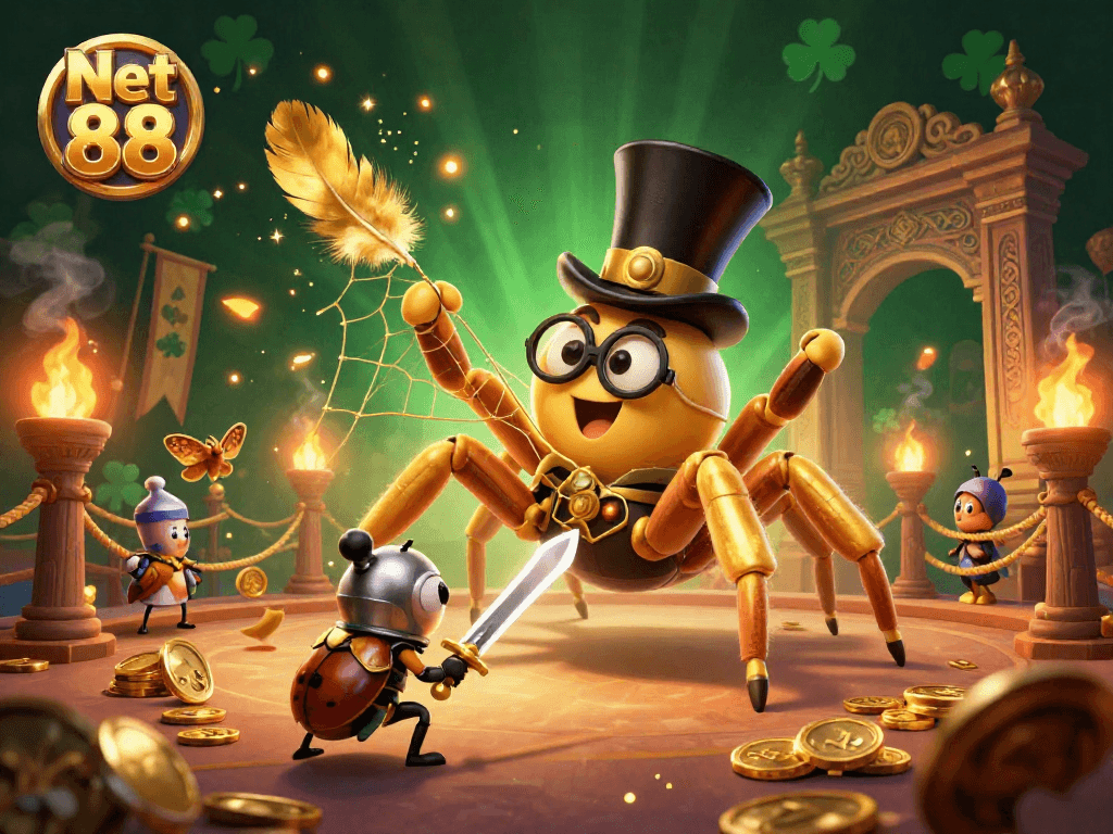 Engage in thrilling casino adventures with Net 88, illustrated through vibrant characters in a dazzling scene.