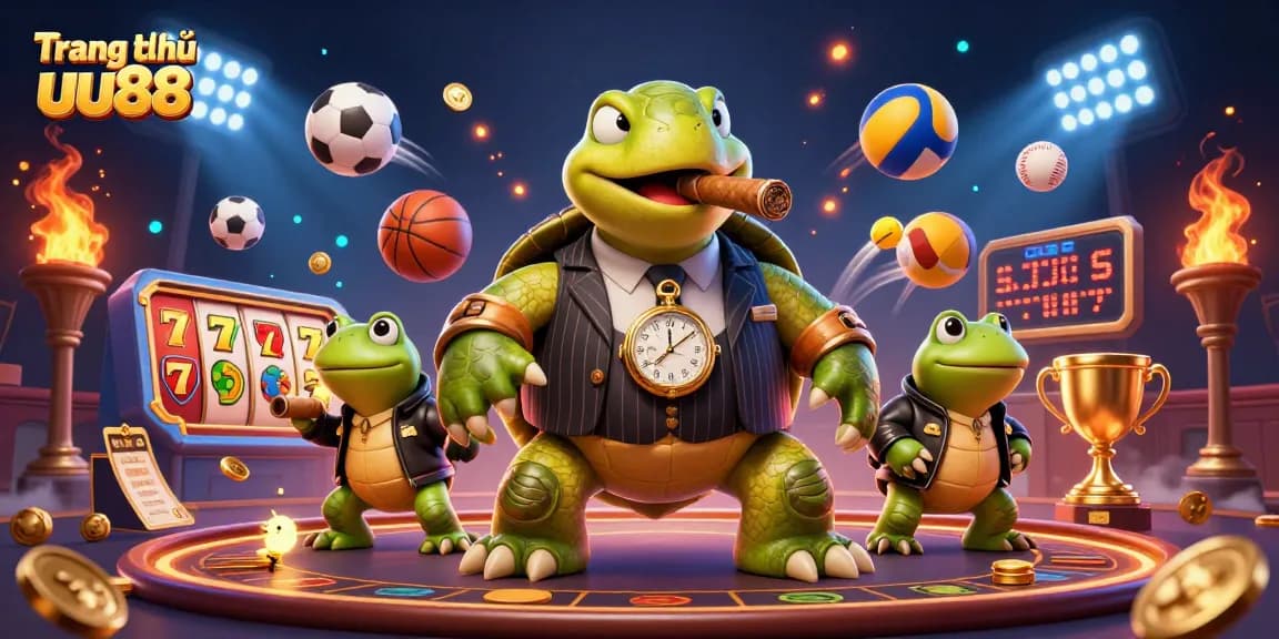 Engage with the vibrant world of Trang chủ uu88 through this dynamic casino-themed 3D illustration featuring unique characters.