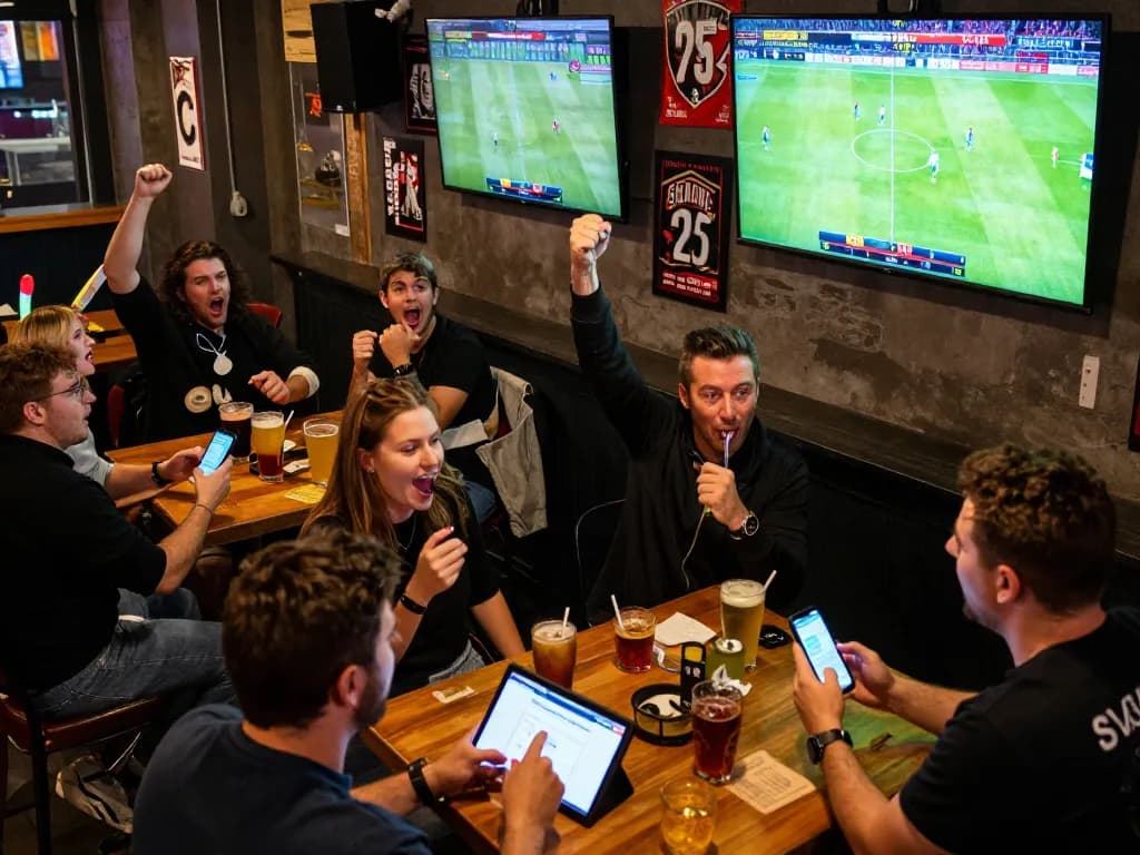 Socolive broadcasts live soccer matches as sports enthusiasts engage in active betting strategies in a lively bar environment