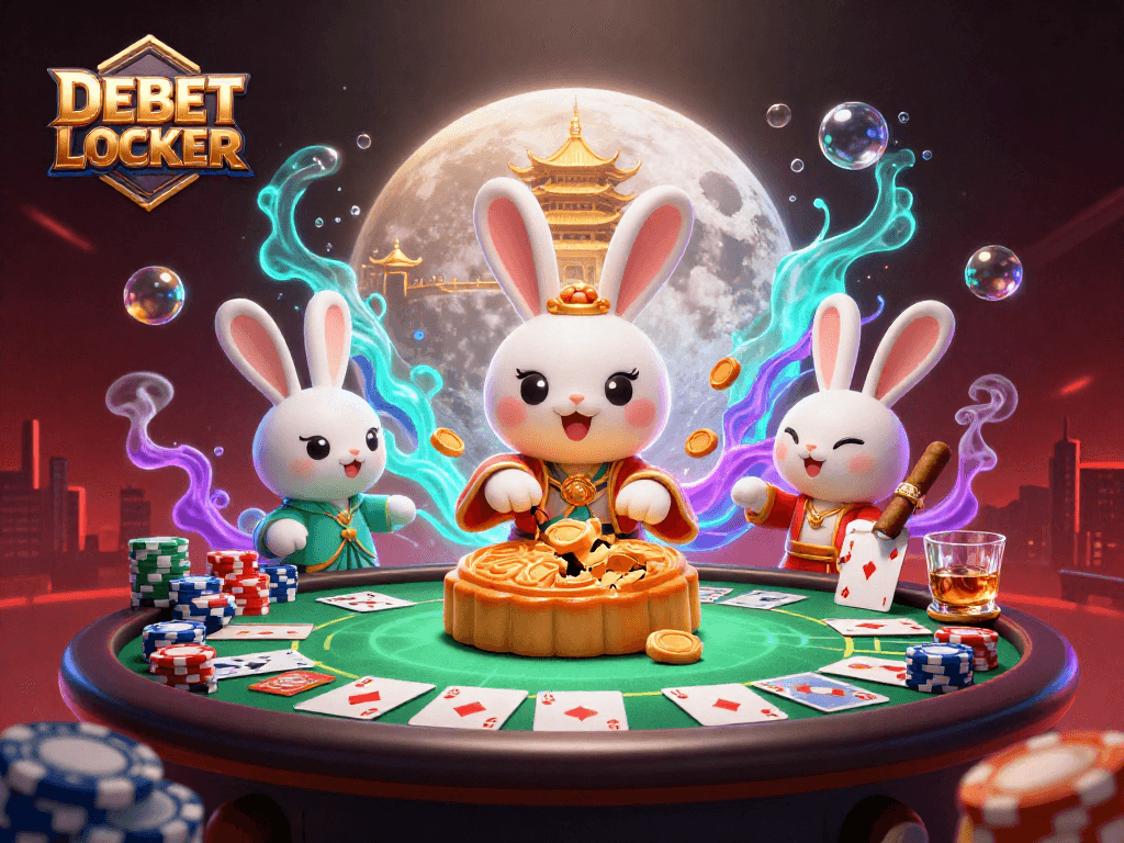 Engage with DEBET LOCKER in a dynamic 3D casino scene of poker excitement and lunar folklore.