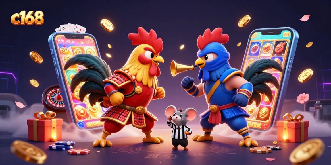 Engage in thrilling gameplay with c168's dynamic rooster fight scene, capturing excitement in the online casino realm.