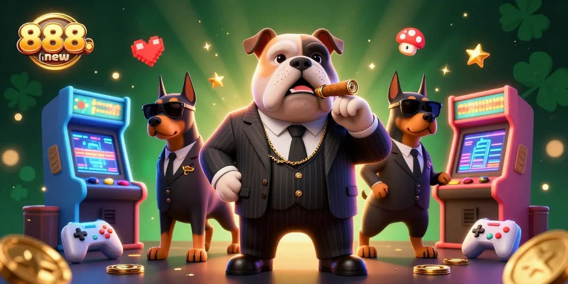 Experience thrilling gameplay at 888new with an engaging 3D casino scene featuring a mafia bulldog.