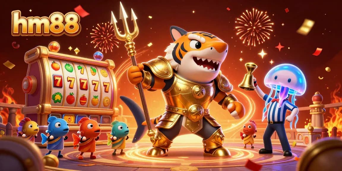 Enjoy thrilling game action at hm88 as the tiger shark battles for prizes in a vibrant casino scene.