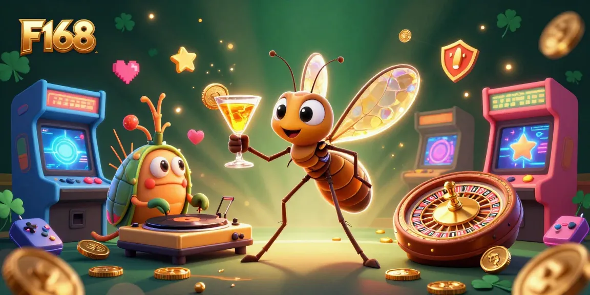 Join the F168 adventure with a cartoon mosquito, trilobite DJ, and vibrant casino elements.