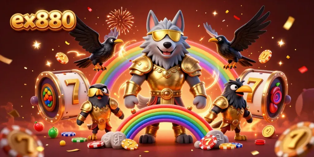 Engage with ex880 as Odin and ravens play amidst vibrant slots and festive casino elements.