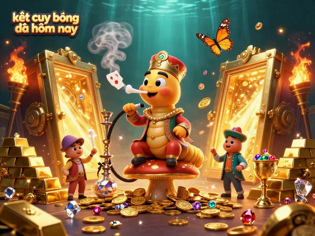 Showcase of kết quả bóng đá hôm nay with a vibrant 3D scene featuring gambling elements and a caterpillar hookah-master.