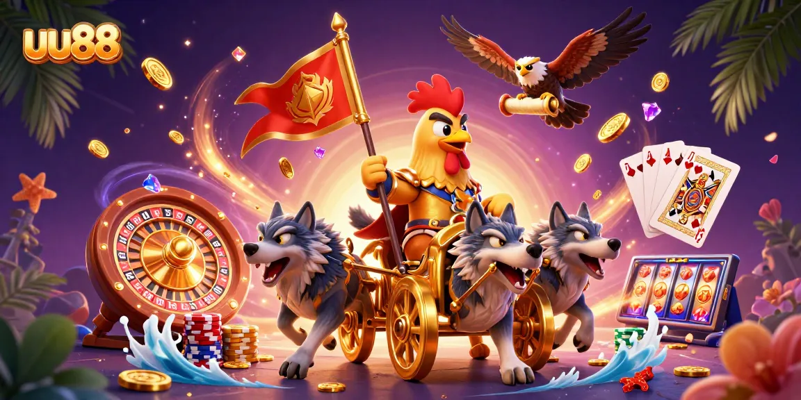 Experience thrilling gameplay at uu88 with a dynamic scene featuring a rooster warlord, golden coins, and exciting casino elements.