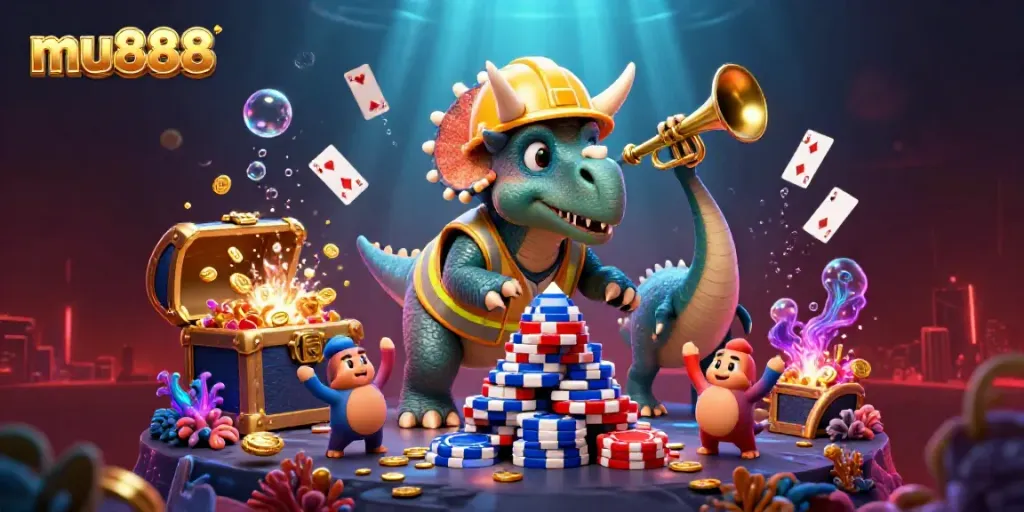 Celebrate at mu888 with a vibrant 3D casino scene featuring playful dinosaurs and treasure!