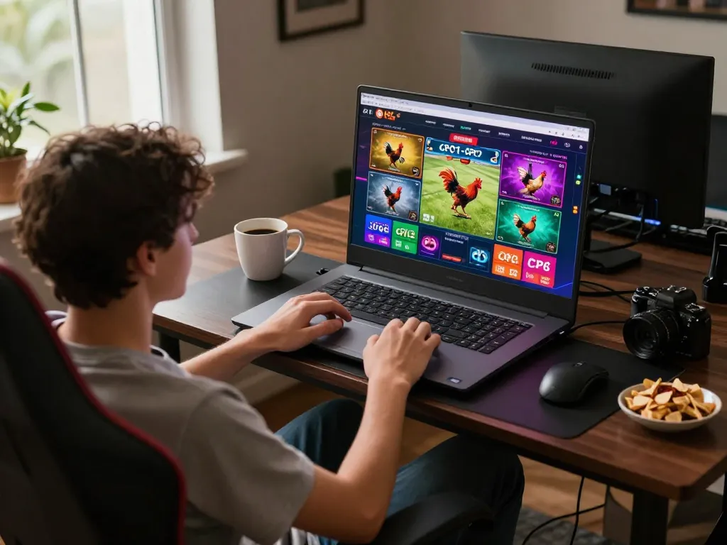 Engaging scene of online player enjoying video đá gà cpc2 on a laptop, creating a lively gaming atmosphere.
