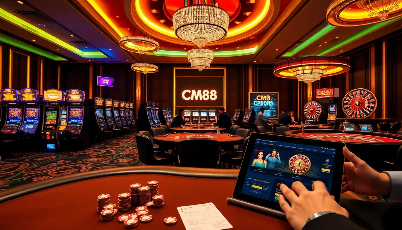 Experience high-stakes gaming with CM88's vibrant casino scene showcasing players at poker tables.