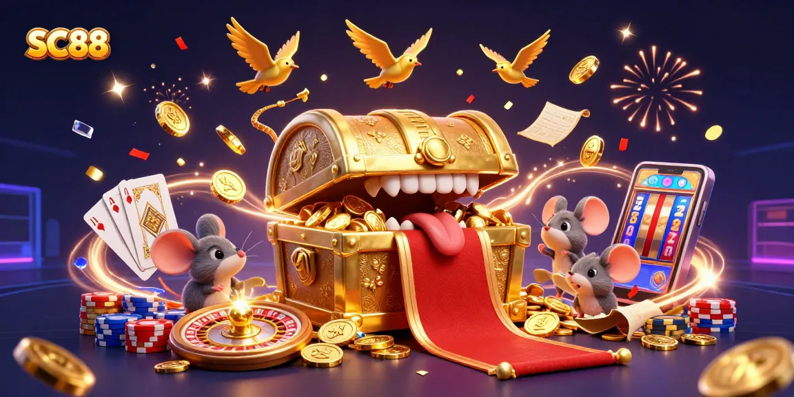 SC88 showcases a treasure chest lure with casino riches, captivating players in a vibrant scene.