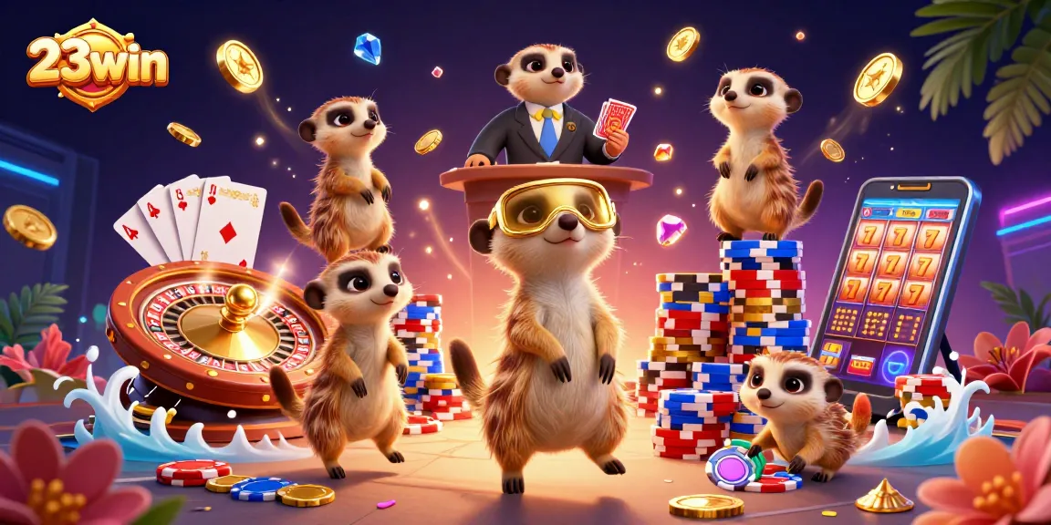 Experience the thrill of 23win with meerkats managing a vibrant casino.