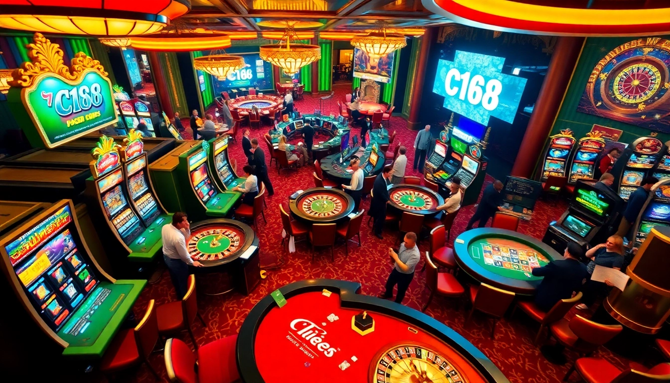 Experience the thrill of C168-winning at a vibrant casino with lively tables and slot machines.