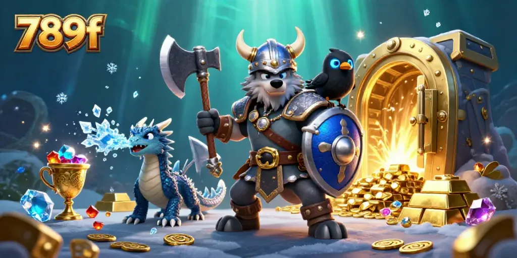 Engage with the thrilling world of 789f through a vibrant illustration of a Viking warrior, dragon, and treasure.
