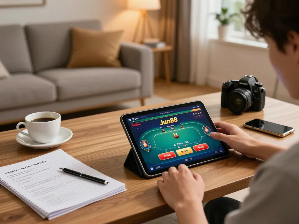 Gamer enjoying Jun88 online poker on a tablet in a cozy home setup.