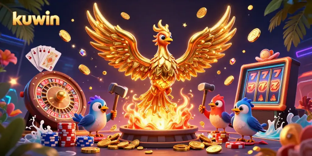Kuwin casino welcomes you with a vibrant illustration of a molten phoenix, dynamic gambling action.