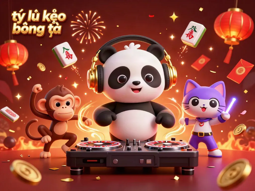 Engaging 3D scene illustrating a DJ panda and dancers celebrating with tỷ lệ kèo bóng đá elements in action.