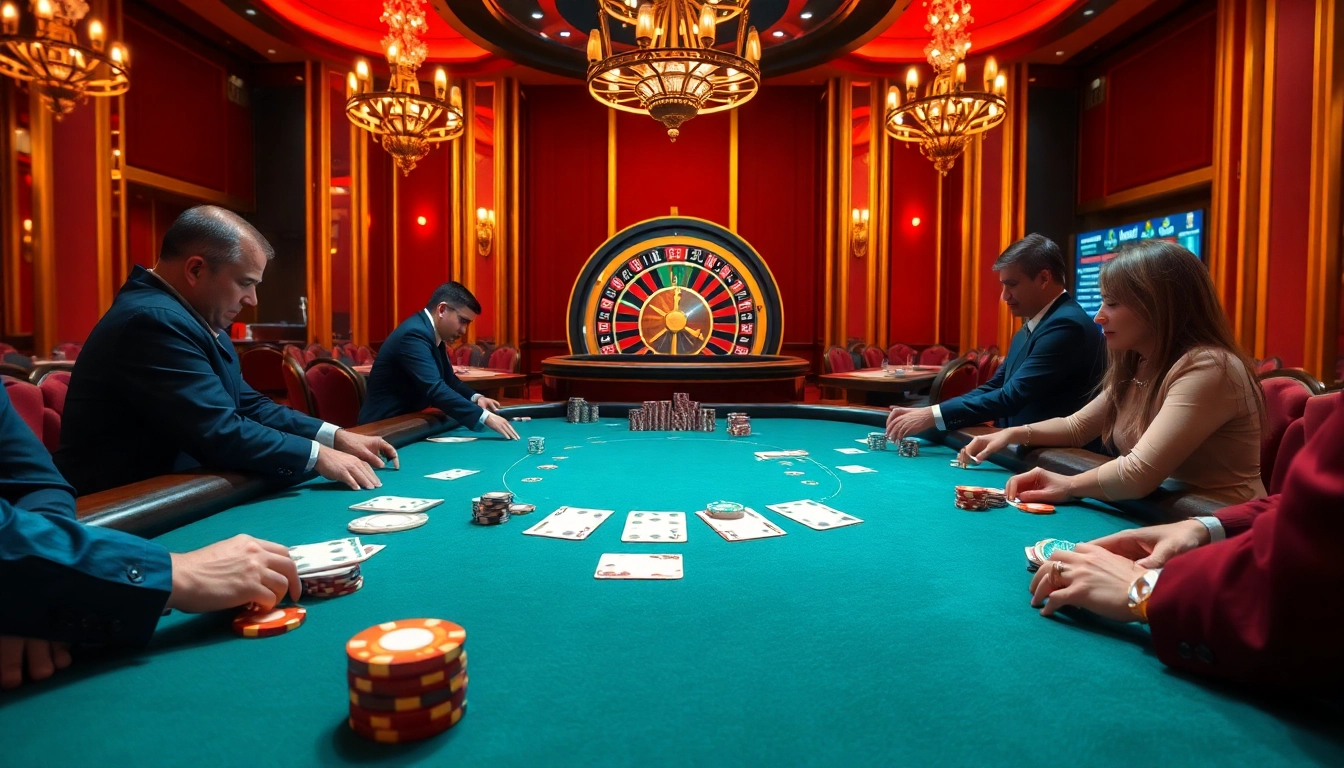 Experience the thrill of CM88 trang chủ with players at a vibrant poker table in a luxurious casino setting.