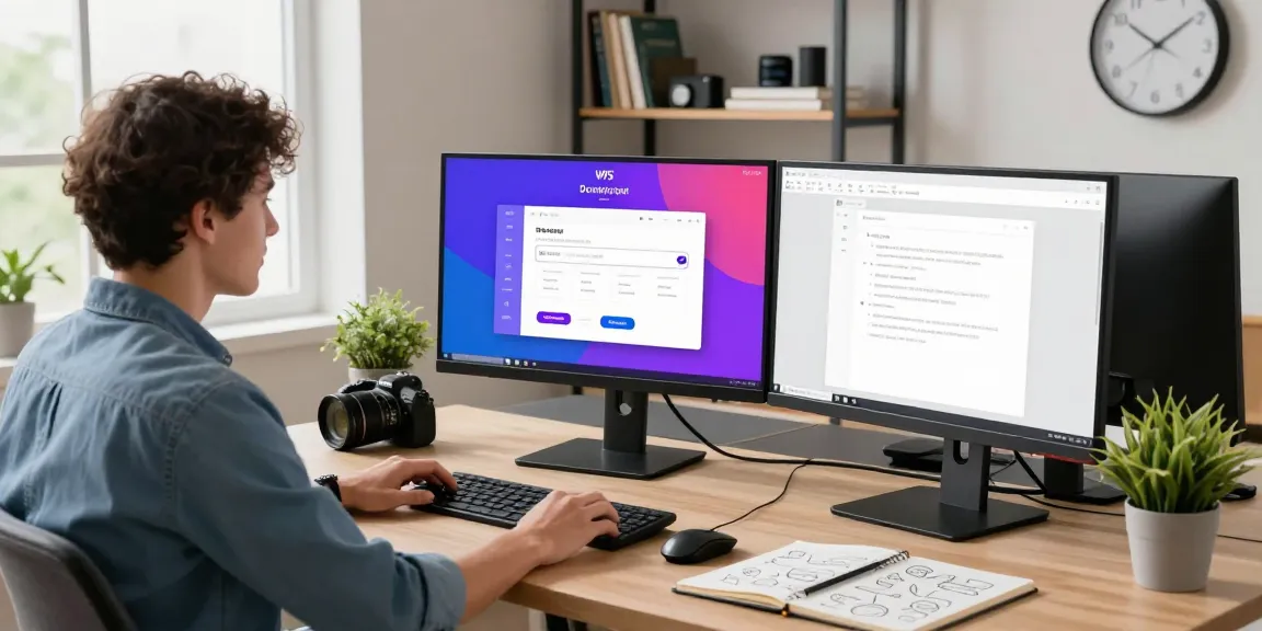 Engaging workspace scene with WPS Download page on a monitor, showcasing a professional editing documents.