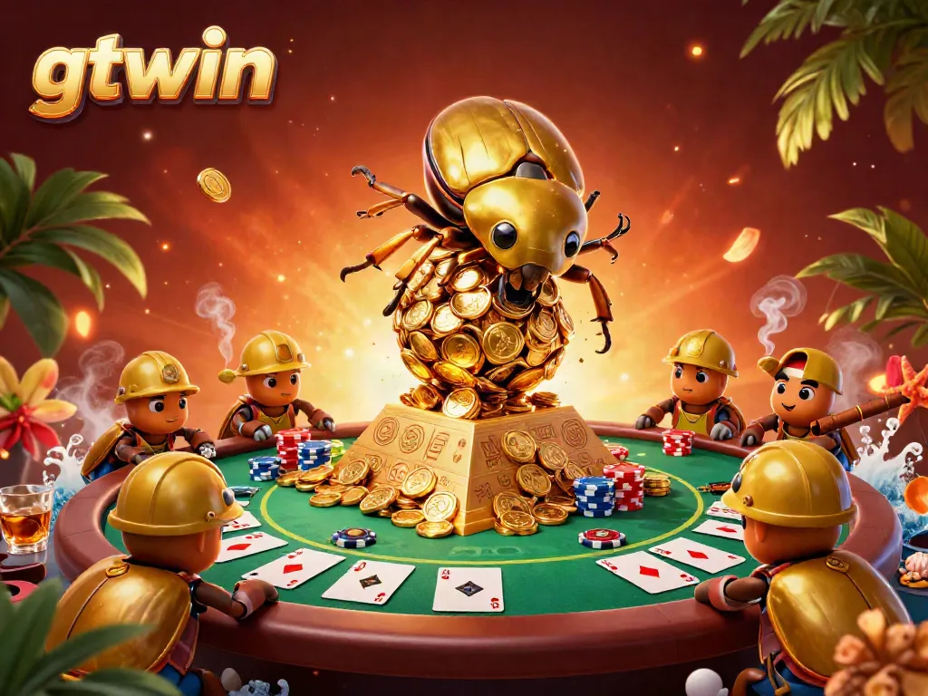 Experience thrilling gameplay at gtwin with a golden dung beetle rolling coins amidst a vibrant casino.