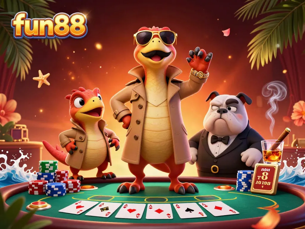 Fun88 raptors entering a VIP casino lounge, surrounded by poker chips and cards, illustrating gambling action.