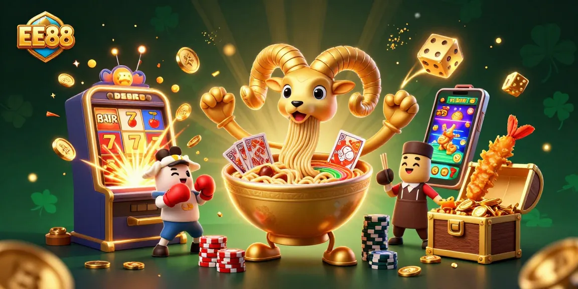 EE88 casino animation showcasing a vibrant 3D golden ramen bowl character dealing cards.
