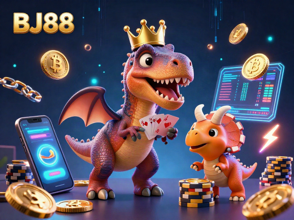 Engage in poker excitement with BJ88 featuring a T-Rex and friends in a vibrant casino scene.