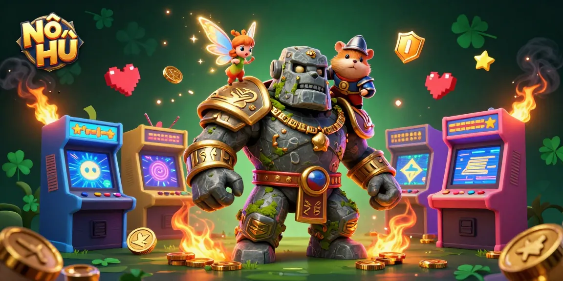 Nổ Hũ slot game adventure featuring colorful characters and vibrant gaming elements in a rich casino setting