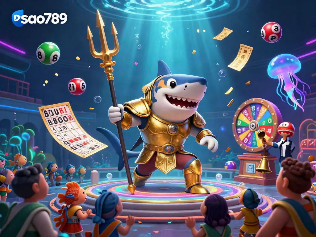 Join the exciting sao789 action with a vibrant underwater casino scene showcasing a tiger shark in gladiator armor.