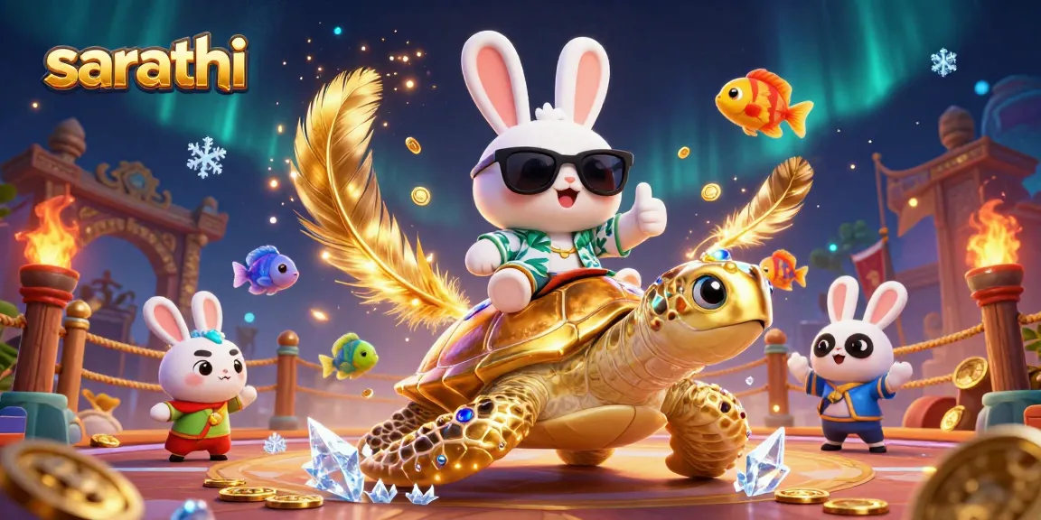 Experience excitement at sarathi with a lucky rabbit on a golden turtle among vibrant casino elements.