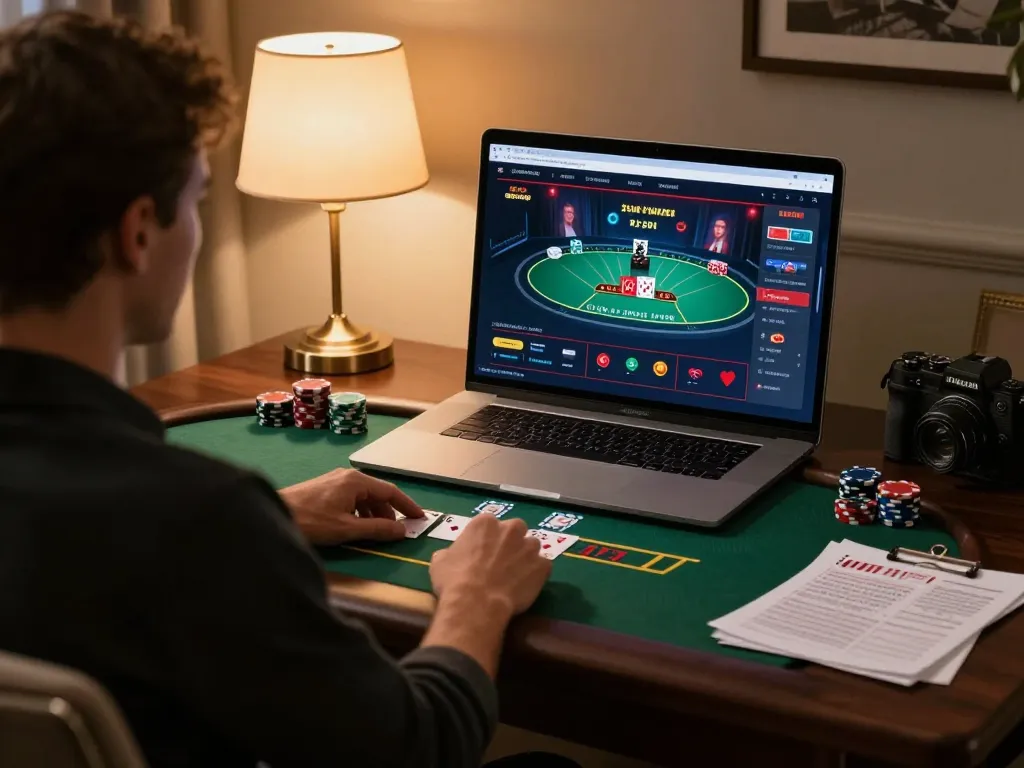 Player enjoying an interactive vip66 live dealer blackjack game from a stylish home office setup.