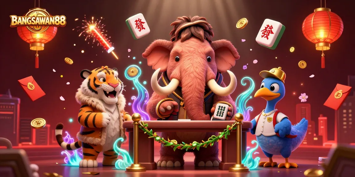 BANGSAWAN88 showcases a vibrant casino scene with a bouncer mammoth, VIP saber-tooth, and dodo doorman.