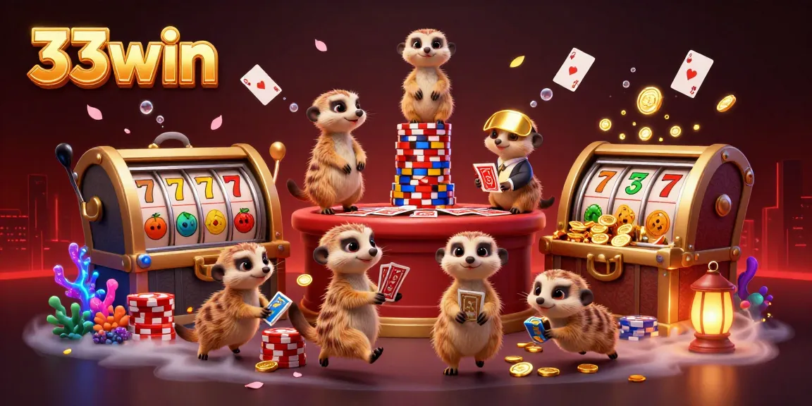 Experience thrilling casino action with 33win's meerkat crew managing slots, chips, and excitement.