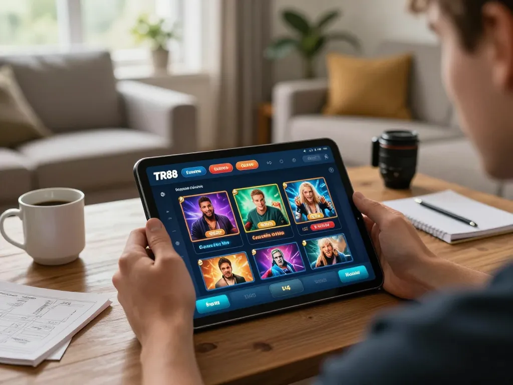 Player immerses in TR88 mobile casino app for strategic gaming at home