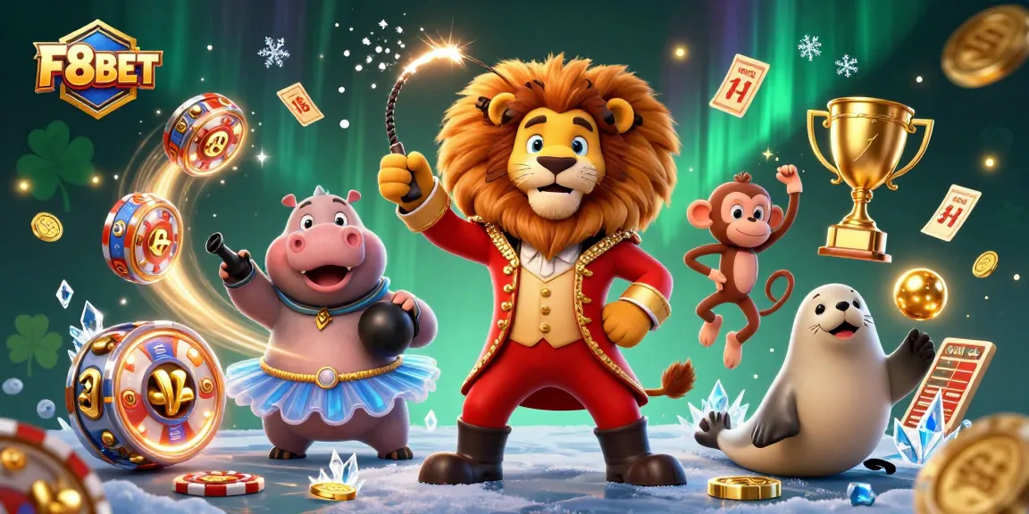 Experience the excitement of F8BET with lively casino characters surrounded by dynamic gambling elements.